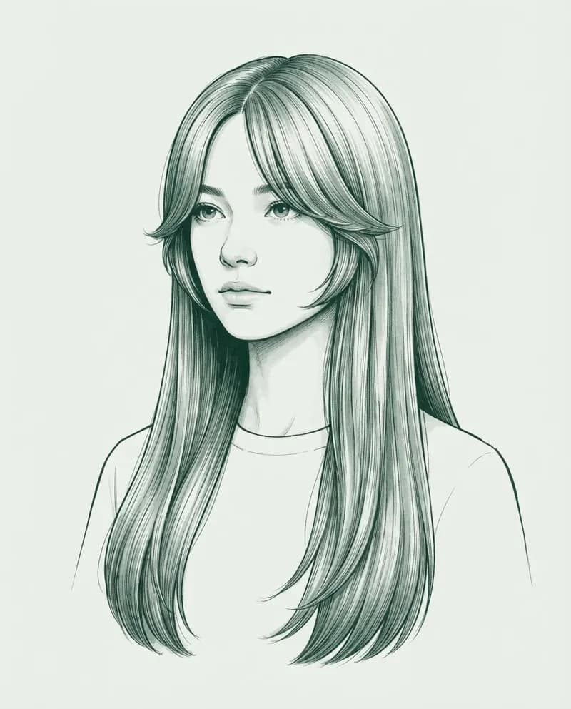 Ilustración del corte Largo con flequillo abierto